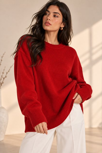 Women's Red Oversize Knitwear Sweater Crew Neck Loose Fit