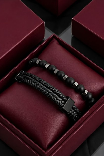 Black Genuine Leather Bracelet and Hematite Natural Stone Bracelet Men's Bracelet Komibini