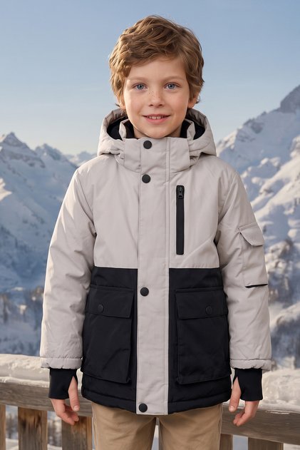 Fleece-Lined, Removable Hooded Boy's Coat with Finger Loops
