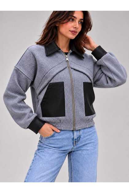 Women's Herringbone Patterned Leather Garnished Zippered Bomber Jacket