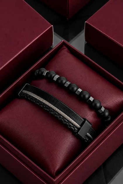 Black Genuine Leather Bracelet and Hematite Natural Stone Bracelet Men's Bracelet Komibini