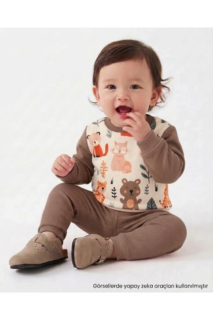 Baby Boy Seasonal 2-Piece Set Forest Patterned Long Sleeve Cotton Comfortable Daily Set-Brown