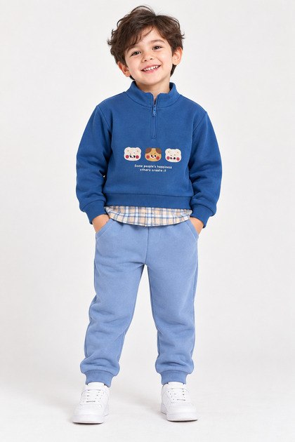 Boy's Plaid Detailed Sweatshirt and Pants 3 Thread 2-Piece Set