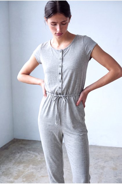Women's Light Gray Melange Cotton Crew Neck Short Sleeve Lace-Up Waist Buttoned Jumpsuit Brigid