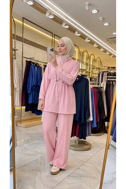 Women's Modest Cotton Two-Piece Set - Zip-Up Jacket and Wide-Leg Pants