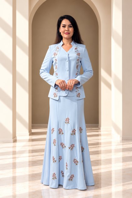 Women's Floral Embroidered Stand Collar Jacket Skirt Two-Piece Set – Lined, Beaded, Long Skirt Special Occasion Set