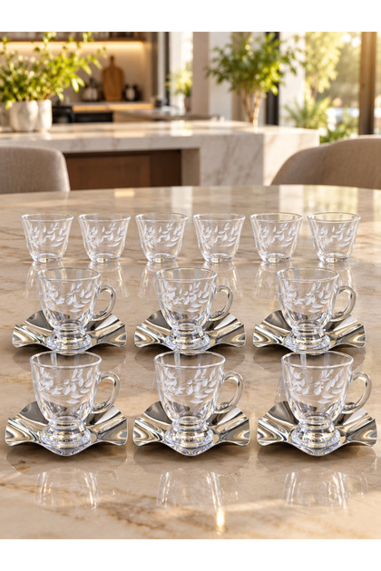18 Piece Luxury Glass Tea Coffe Set White Pattern