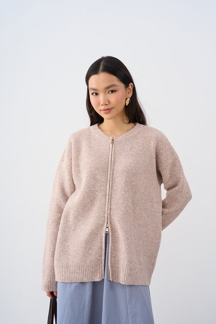 Women's Crew Neck Zippered Knitwear Cardigan Mink