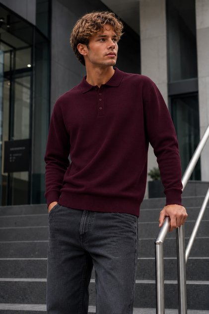 Men's Polo Collar Long Sleeve Knitwear Claret Red Sweater