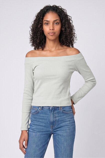 Women Off Shoulder Long Sleeve Textured Top, Light Sage