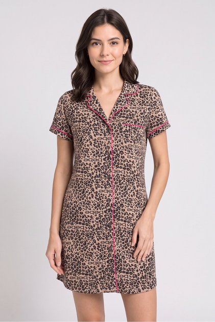 Women Spread Collar Short Sleeve Sleepwear Dress, Multicolor
