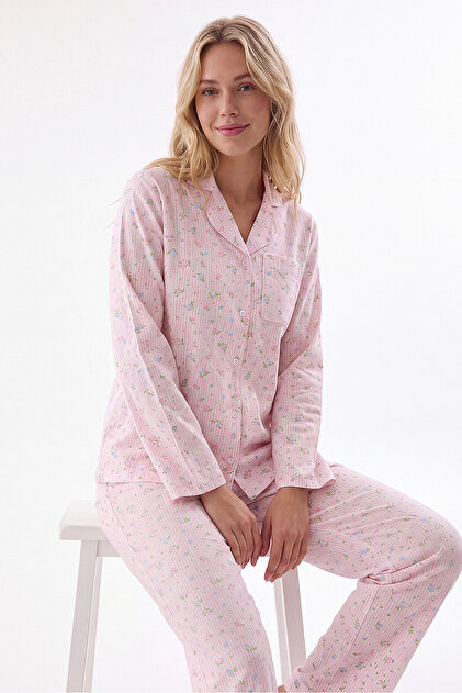 Front-Buttoned Women's Pajama Set, 100% Cotton, Long Sleeve, Shirt Collar, Floral Pattern, Pink