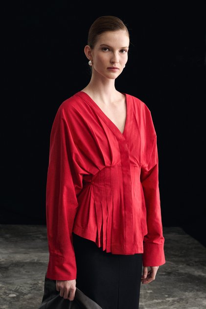 Bidens V-Neck Waist Pleated Detailed Buttoned Red Shirt