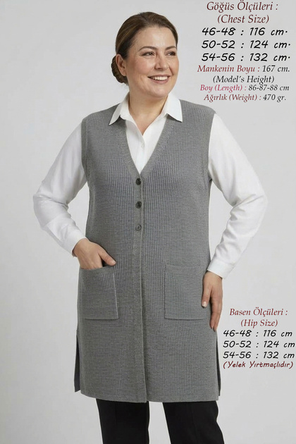 Women's Knitwear Thick Plus Size Mother's Long Winter Vest 88 cm Slit Ribbed Buttoned