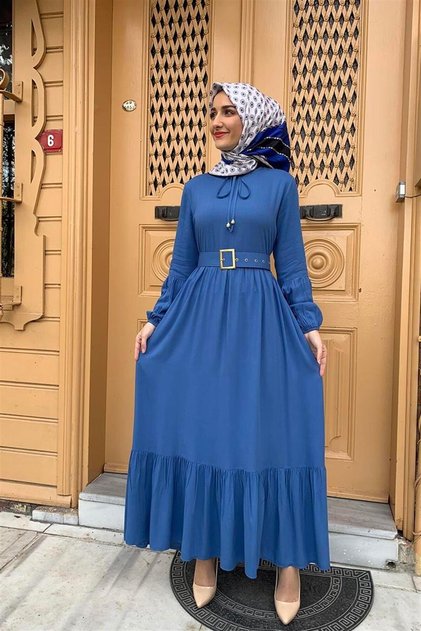 Belt Detailed Hijab Dress Indigo
