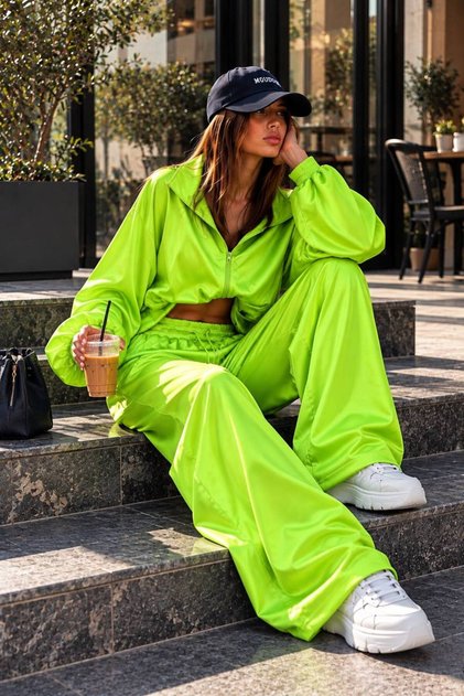 Fermuarlı Sweatshirt Bol Paça Pantolon Saten İkili Takım