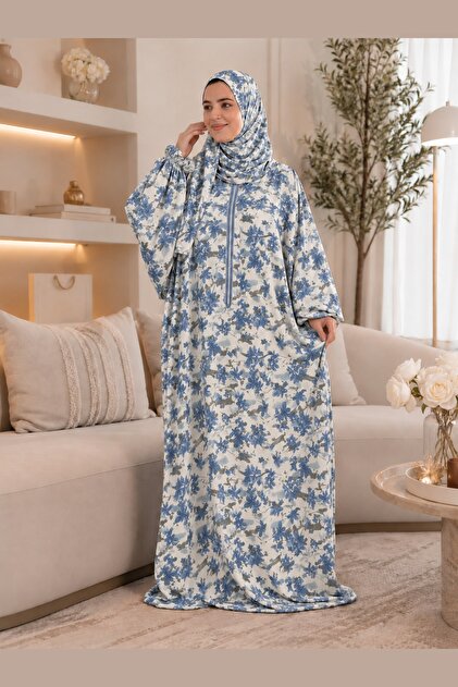 إسدال صلاة نسائي مشجر موديل 202 – روب صلاة واسع ومريح مع غطاء رأس – XL