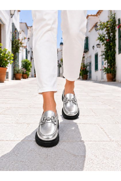 Kadın Günlük Loafer Gümüş Taş tokalı 081026KLGTT1705