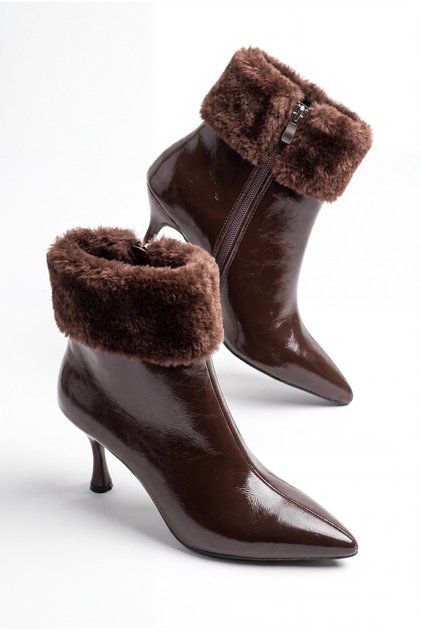 Women's Brown Winter Patent Leather Fur Zippered Pointed Toe Thin Heeled Boots Atel