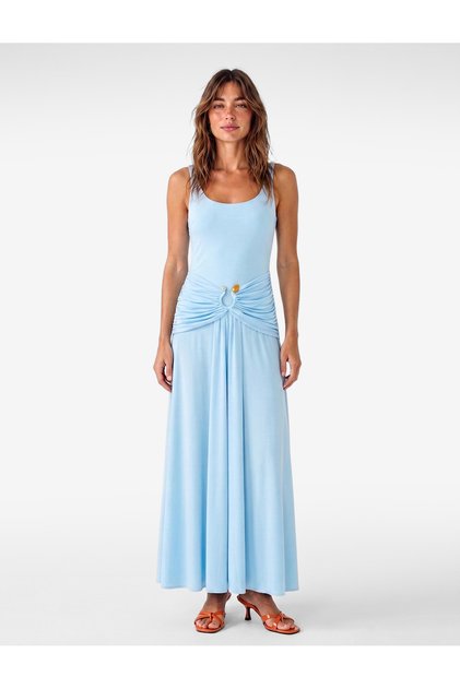 Shiny Sandy Fabric Accessories Gathered Slim Fit U-Neck Strap Long Dress