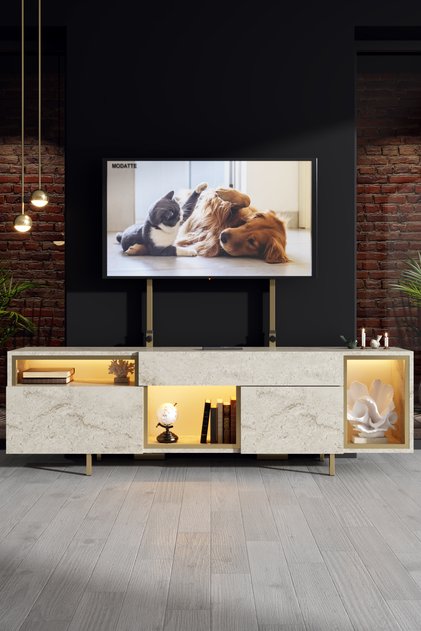 NORM TELESKOPİK YÜKSEKLİK AYARLI METAL AYAKLI TV ÜNİTESİ GOLD TRAVERTEN
