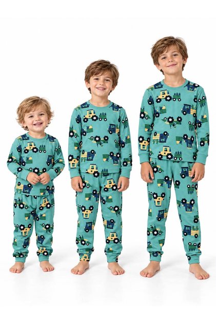 Boy's Tractor Patterned Long Sleeve Pajama Set Turquoise