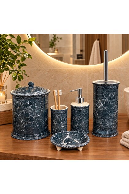 Violet Collection Double Color Aegean Blue Marble Pattern 5 Piece Bathroom Set