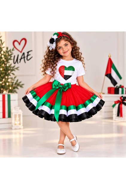 UAE National Day Dress for Girls Tutu Skirt T-Shirt Set With Hair Accessor