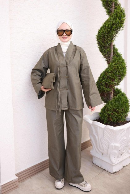 Khaki Lace Detailed Tunic and Trousers Set