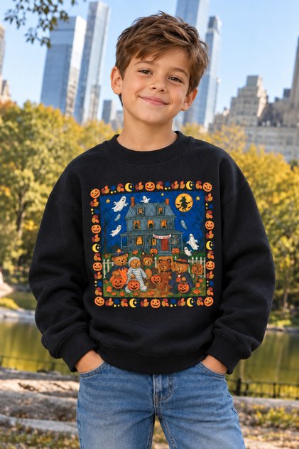 Children's Halloween Themed Teddy Bear Printed Sweatshirt – Black Children's Sweatshirt with Halloween Pattern 🎃 🧸