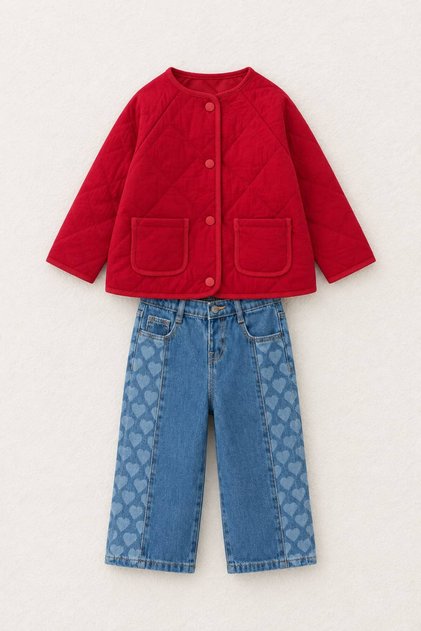 Girl's Red Quilted Jacket and Heart Patterned Jeans Two-Piece Combination Set