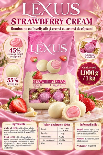 Strawberry Cream – Bomboane cu înveliș alb și cremă cu aromă de căpșuni, ambalate individual, 1 kg