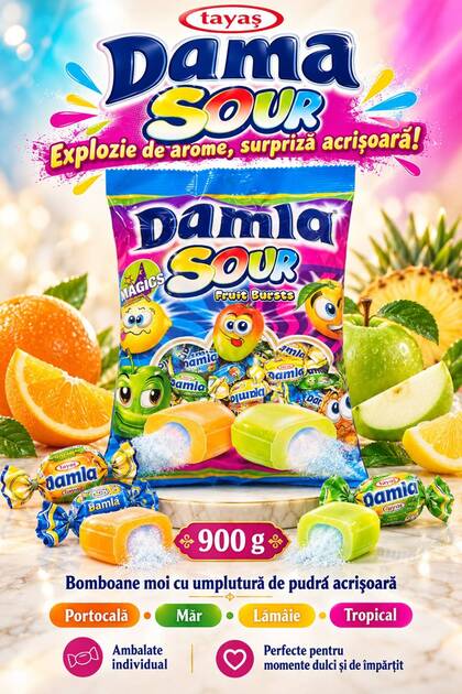 Tayas Damla Sour Fruit Bursts – Bomboane moi cu arome de fructe și umplutură de pudră acrișoară, 900 g