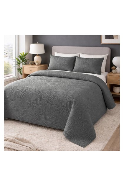 Cuvertură Matlasată Reversibilă Gri 220x240 cm cu Frunze Reliefate – Pat Dublu, 2 Fețe