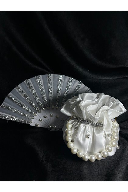 Bridal Set with Shiny Stones, Bridal Bag and Bridal Fan