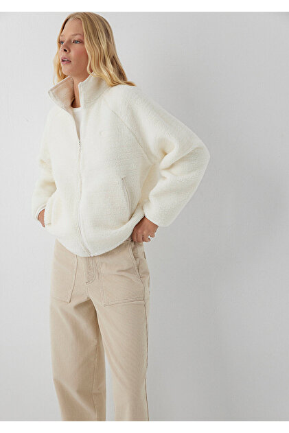 Logo Dik Yaka Sherpa Ceket Loose Fit / Bol Rahat Kesim 1120408-70057