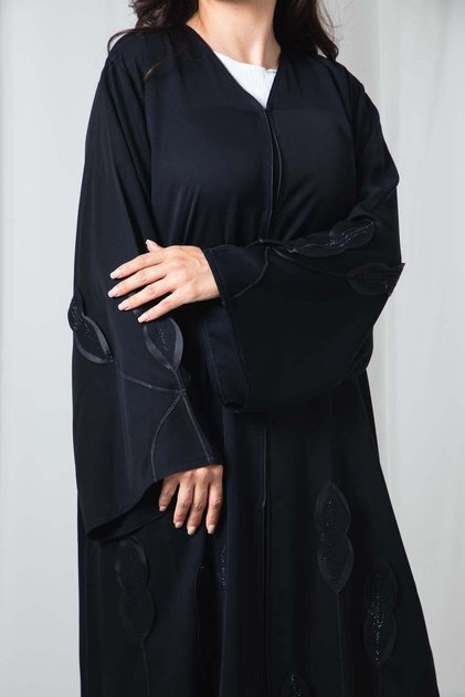 Embroidered Black Nida Abaya with Leaf Laser Cut Style and Sheila