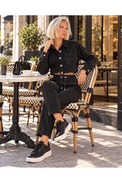 Women's Clothing Leather Suede Look Black Color Design Top and Bottom Set with Button Closure