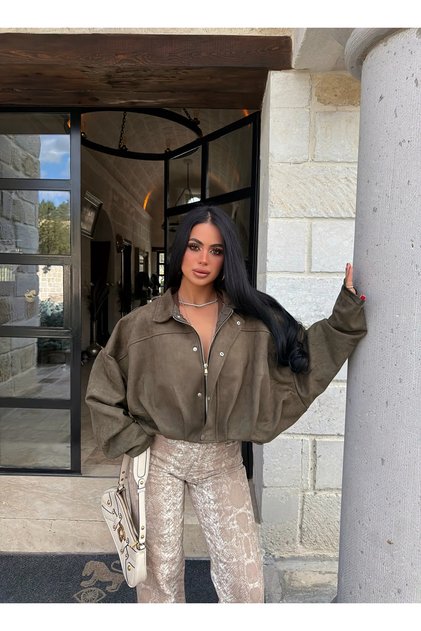 Khaki Balloon Sleeve Suede Jacket
