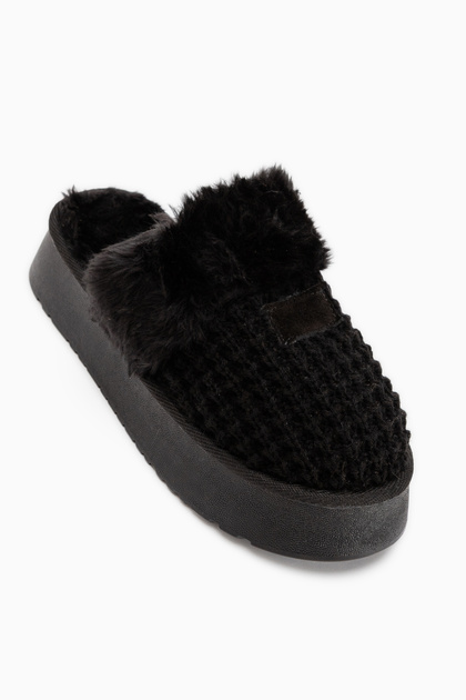 Mariza Black Plush Knitwear Women's Slippers with Fur Inside and Thick Soles