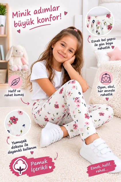 Girl's Patterned Flexible Anti-Sweat Cotton Report Waist Elastic Leggings