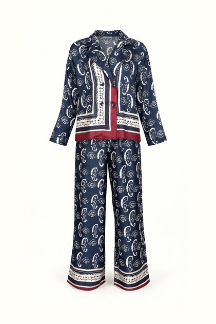 Navy blue satin set with shawl pattern