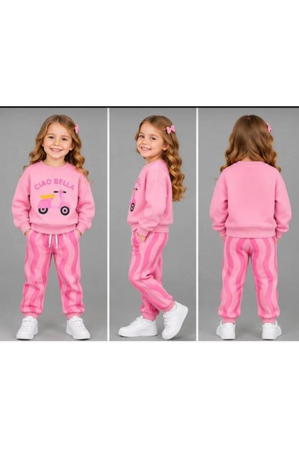 Girl's 3-Thread Raster Printed Sweatshirt and Wavy Striped Sweatpants Set – 2 Pieces 0910-P