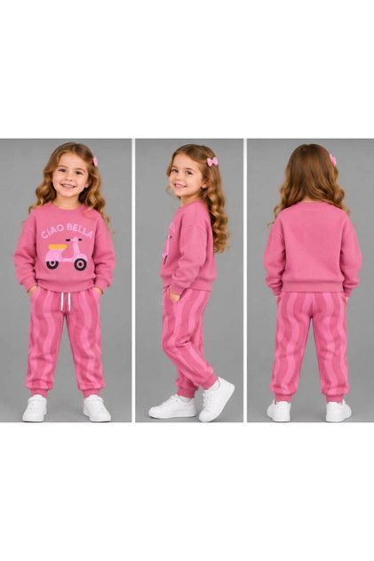 Girl's 3 Yarns Ruffled Printed Sweatshirt and Wavy Striped Sweatpants Set – 2 Pieces 0910-F