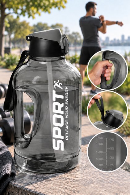 2.5 Liter Gray Colored Water Bottle with Handle and Straw (Sport Patterned)