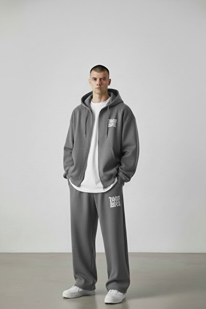 Men's Smoke Gray Printed Hooded Jacket Baggy Tracksuit Set