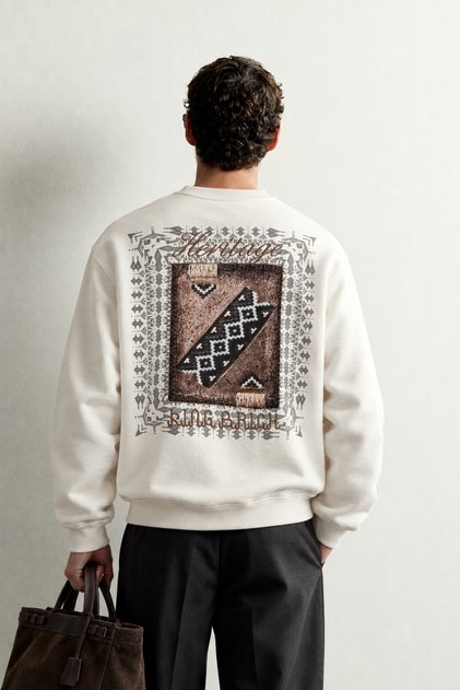 Men's Oversize Ethnic Patterned Chest and Back Patch Printed Sweatshirt