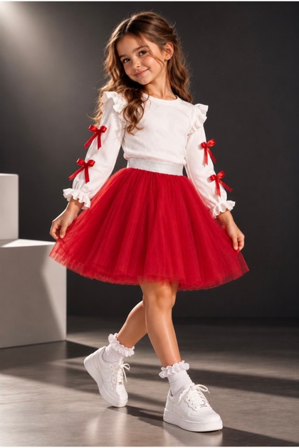 Girl's Bow-Tie Blouse and Red Tulle Skirt Two-Piece Set April 23 October 29 Special Day for Holidays