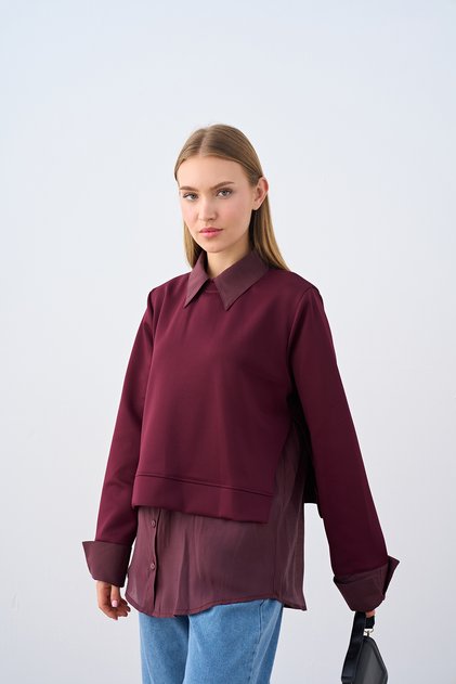 Women's Shirt Collar Detail Tunic Burgundy