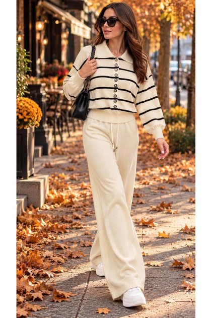 Knitwear Buttoned Striped Cardigan Trousers Two-Piece Set